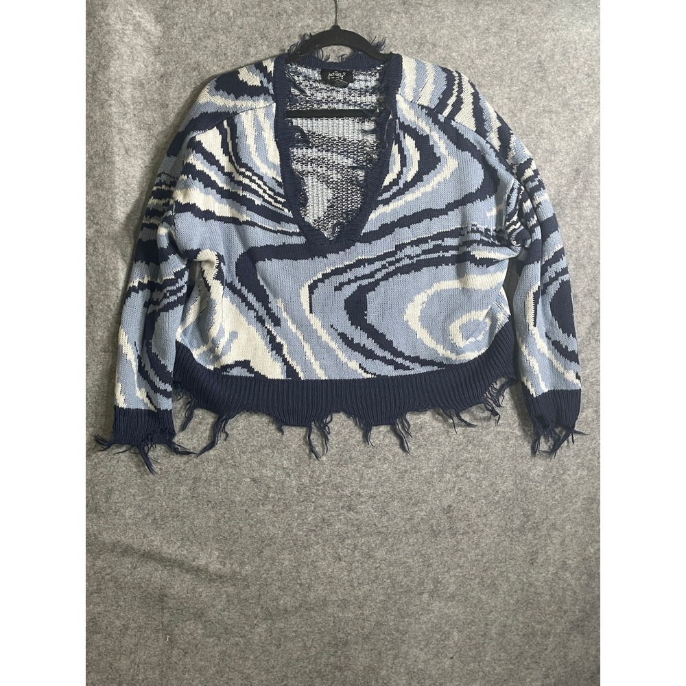 Just Polly New York‎ Blue White Swirl Marble Distressed V-Neck Sweater Womens L